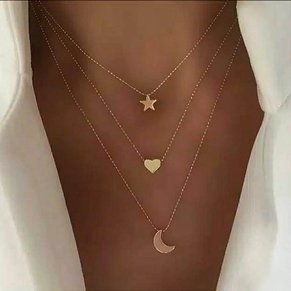 Layered Necklace Star Heart Crescent Moon Gold Tone